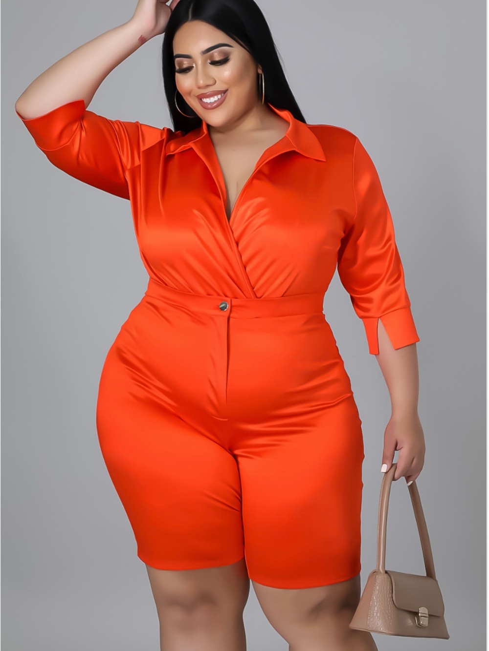 Satin V-Neck Orange Plus-Size Romper